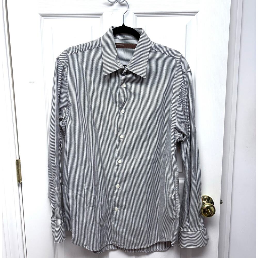 Perry Ellis Shirt Casual Button Down Pinstripe Black White Cotton, Men's Size L